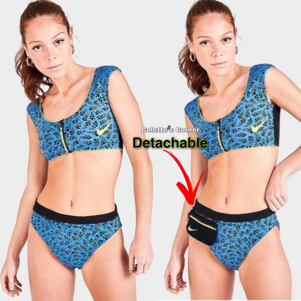 NIKE PARTY DOTS HIGH-WAISTED BIKINI BOTTOMS W/ FANNY PACK & ZIPPER BRA TOP SET